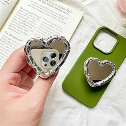 Cell Phone Mounts Holders INS Metal Love Heart Mirror Phone Griptok Grip Tok Holder Ring For iPhone Cute Foldable Phone Stand Holder Gift Bracket Support