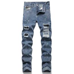 Men's Jeans High Quality Stretch Kn Holes Man Jeans Personality Point Painted Pants Men All-match High Strt Jeans Men Y240507