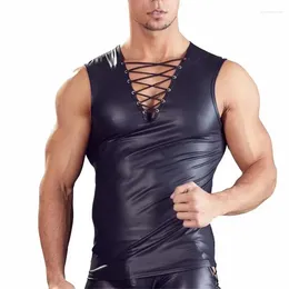 Men's Tank Tops Black Matte Leather Top Low V Neck Bandage Stretch PU Bodycon Sleeveless Vest Clubwear Dance Pole Custom