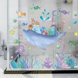 Stickers Cartoon Underwater World Wall Stickers for Kids Room Bathroom Wall Decor Whale Coral Wall Decals Waterproof Sticker Home Decor