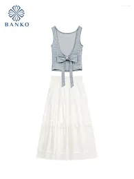 Work Dresses Korean Fashion Outfits 2 Piece Skirt Set Gyaru Plaid Vest Backless Bow Elastic Waist Pleated White High Quality