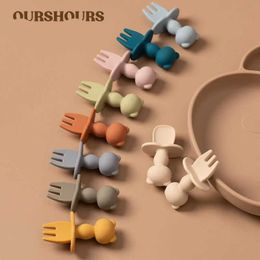 Cups Dishes Utensils Food grade baby soft silicone feeding table suitable for young children cartoons pandas mini training forks spoon sets baby accessoriesL2405