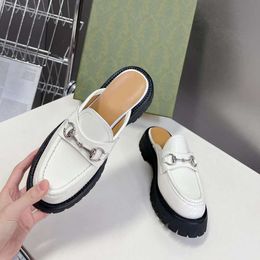 spring New Fashionable and Casual Genuine Leather Headed Horse Riding Buckle Thick Sole Half Dragged Pine Cake Bottom Slippers with One Step