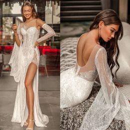 Düğün O yaka tasarım Dantel Muhteşem Elbiseler Denizkızı Bir Kollu Sırtsız Yan Bölünmüş Kat Uzunluğu Özel Yapım Artı Boyut Seksi Gelin Gown Vestidos De Novia