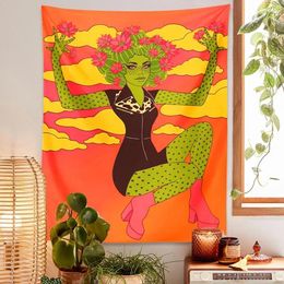 Tapestries Cactus Girl Tapestry Babe Wall Hanging Vintage 70s 60s Flower Sky Clouds Hippie Retro Boho Home Decor Art