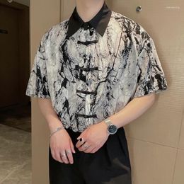 Men's Casual Shirts Chinese Style Buckle Tie Dyed Short Sleeved Shirt For Summer Retro Ice Silk Fashion Loose Social Men Clothing