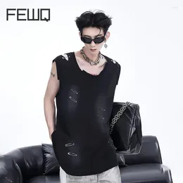 Men's Tank Tops FEWQ Summer Waistcoat Shoulder Pad Male Vest Irregular Cut Sleeveless T-shirt Hole American Style Stylish 24X9063