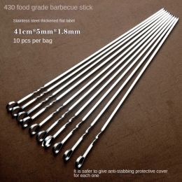 Skewers Stainless Steel Barbecue Sticks, Flat Sticks, Home Lamb, Kebab, Brazier, BBQ Grill, 41cm, 10Pcs