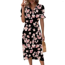 Casual Dresses Beach For Women Spring Summer Elegant Wrap V Neck Boho Dress Flowy Ruched Hawaiian Maxi Fashionable P