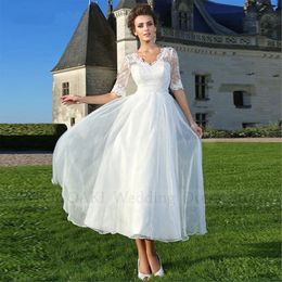 Vestidos de novi Elegante abito da sposa corto in pizzo boho 2024 per donne Applique a mezza manica caviglia abito da sposa abito da sposa Mariee