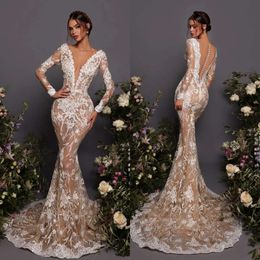 Abiti di sirena in fodera in pizzo Champagne v Neck Designer abito da sposa maniche lunghe illusioni Abiti da sposa ricamo perle da perle