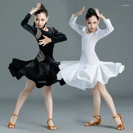 Stage Wear Children's Clothes Training Long Sleeved High End Girls Latin Dance Skirt Black Pool Professional Competition