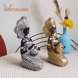 Decorative Objects Figurines NORTHEUINS Resin Exotic Woman Figurine Black Pottery Pot Statue Retro Africa Ornament Home Interior Living Room Decor Accessorie T24