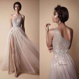 Plus Size Customized Evening Dresses One Shoulder Crystal Applique Lace Tulle Sweep Train A Line Split Party Bridesmaid Gown 0431