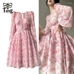 Casual Dresses Tingfly French Elegant Pink Printing Mini For Women Lantern Sleeve High Waist Slim Dress Spring