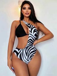 Women's Swimwear 2024 New Women One Piece Swimsuit Zebra One Shoulder Female Swimwear Sexy Monokini Hollow Out Beachwear Push Up Bodysuit Bikini T240505