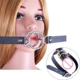 Products PU Leather Belt BDSM Bondage Deep Throat Double Round Ring Flail Slave Mouth Gag Bite Ring Gags Open Oral Adult Game Sex Toys