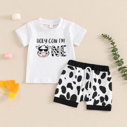 Clothing Sets Infant Born Baby Boy Summer Clothes Letter Print Short Sleeve T-Shirt With Cow Pattern Shorts 2PCs Birthday Outfits