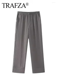 Women's Pants TRAFZA 2024 Woman Chic High Waist Folds Wide Leg Women Vintage Grey Side Pockets Elastic Casual Loose Long