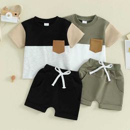 Clothing Sets 2Piece Summer Baby Boy Clothes Korean Casual Fashion Cartoon Print Short Sleeve Cotton Tops+Shorts Kids Set H240507