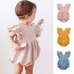 Rompers Sale Baby Girls Clothes For Newborn Linen Cotton Ruffles Short Sleeve O-neck One Piece Infant Jumpsuit Outfits 0-24M H240507