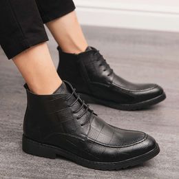 Extra Cotton Winter Businesss Young Men Leather Dress Boots Concise Ankle Boot Lace-up and Side ZIP Both