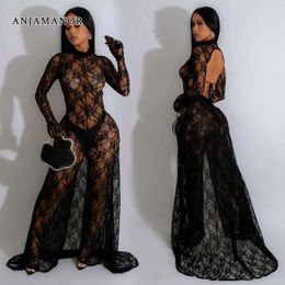 Women's Jumpsuits Rompers ANJAMANOR S Through Lace Mesh Black Sexy Jumpsuits Party Club Outfit for Women Backless Wide Leg Jumpsuit with Skirt D42-FB44 T240507