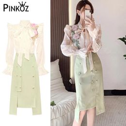 Work Dresses Pinkoz Women Two Pieces Set Femme Elegant Chiffon Bow Collar 3D Flower Appliques Blouse Green Irregular Midi Skirts Outfit