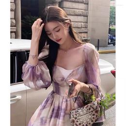Party Dresses 2024 Autumn Purple Fairy Skirt Japanese Soft Sister Bubble Sleeve Bandage Waist Closing Dress Korean Loose