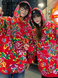 Men's Hoodies Fashion Northeast Big Flower Sweatshirts Spring Hooded Loose Comfort Sweatshirt Chinese Style Floral Couple Coat