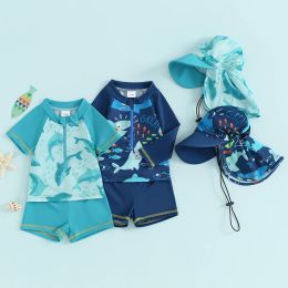 Swimwear Baby Kids Boys Rash Guard Set Short Sleeve Shark Dolphin Print Top with Shorts Hat Swimsuit Summer Swimwear