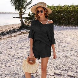 Women's Shorts 2024 Summer Two-piece Set Solid Colour Hollow Knit Top High-waisted Casual Wear Womens Short