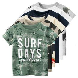 Korean Childrens Clothing Summer 2024 Cotton Short Sleeve T-shirt for Boys Letter Camouflage Print O-Neck Baby Top Kids Clothes 240506
