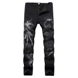 eans 2022 Dark Streetwear Skull Print Punk Men Vintage Slim Jeans Trousers Hip Hop Stretch Cotton Denim Pants For Teens Pantalones J240507