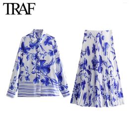 Work Dresses Women Fashion Spring Long Sleeve Lapel Floral Print Shirt Chic Female High Waist Pleated Skirt Two Pieces Set