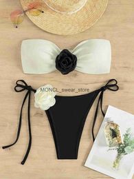 Women's Swimwear Sexy 3D floral designer bikini set 2024 new Bandeau push up bra black and white patch work mini swimsuit thong H240507