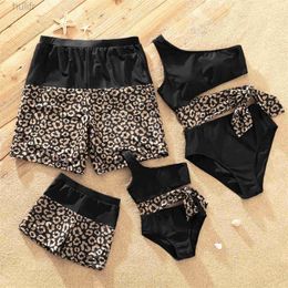 Family Matching Outfits Family Matching Leopard Splice Black Swim Trunks Shorts and One Shoulder Self Tie One-Piece Swimsuit Perfect for Outings d240507