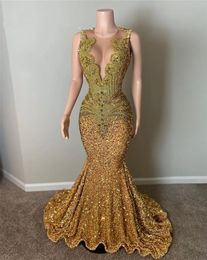 Gold Mermaid Long Prom Dress For Black Girls 2024 Beaded Crystal Birthday Party Dresses Sequined Evening Gowns Gown Robe De Bal