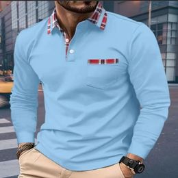 Spring And Autumn Fashion Mens Long Sleeve Polo Shirt Business Casual Lapel Plaid Collar Daily outdoor 240420