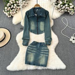 Work Dresses Women Jeans Jackets Set Retro Long-sleeved Turn-down Collar Denim Jacket High Fanny Pack Hip Skirt Clothing Suits