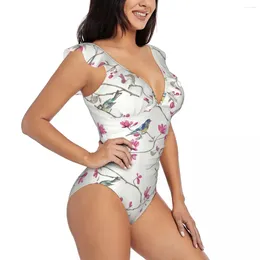 Women's Swimwear Sexy One Piece Swimsuit Push Up Pink Flowers And Birds Butterflies Women Ruffle Monokini Bodysuit Bathing Suit