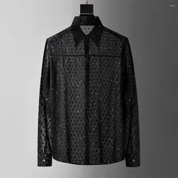 Men's Casual Shirts High-quality 3D Sequin Men Loose Long Sleeve Social Party Nightclub Stage Performance See-through Blouses