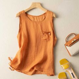 Women's Blouses Shirts Orange Cotton Linen Tank Top Summer Loose Casual Vintage Tank Top 2024 New O-neck Pocket Design Solid Color Sleeveless Womens TopL2405