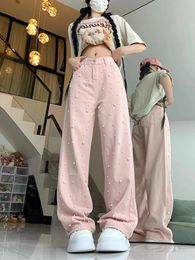 Women's Jeans Pink Harajuku Vintage Y2k Baggy Pearls Denim Trousers Oversize Japanese 2000s Style Jean Pants Trashy Clothes 2024