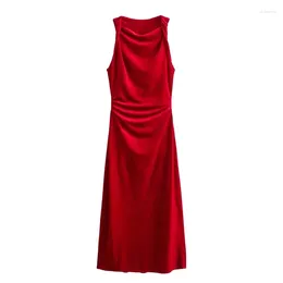 Casual Dresses 2024 Red Velvet Midi Dress Woman Sleeveless Long For Women Ruched Vintage Evening Elegant Party