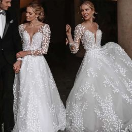 Dress Lace A-Line 3/4 V-Neck Wedding Glamous With Long Sleeves Backless Appliques Layered Net Tulle Stain Custom Made Chapel Gown Plus Size Vestidos De Novia