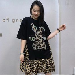 Party Dresses Leopard Patchwork Summer Pullovers Ruffle Spliced T Shirt Dress Pattern Sequins Thin Short Sleeve