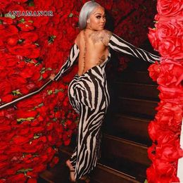 Urban Sexy Dresses ANJAMANOR Zebra Print Off Shoulder Long Slve Backless Bodycon Dress Clubwear Sexy Birthday Dresses for Women Fall 2023 D70CC29 T240507