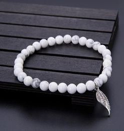 Charm Bracelets Minimalist 8mm Natural White Turquoise Bracelet Stone Angel Wing Pendant Beads Braclet Men Women Jewellery Pulseras 1474194