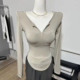 Women's T Shirts Wholesale 2024 Spring Thin Slim Irregular Hem V Neck Tops Long Sleeve Base Women Autumn High Strech Top Tight